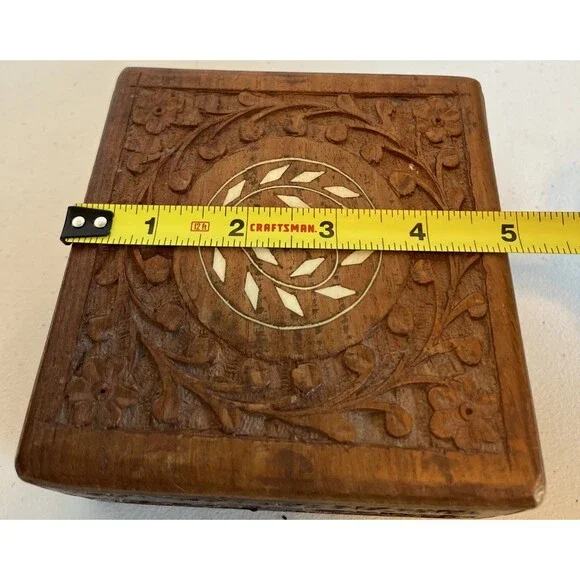 VTG Hand Carved Wooden Box Mother Pearl Inlay Trinket Hinged Lid 5”X5”X2.5” - Picture 12 of 13